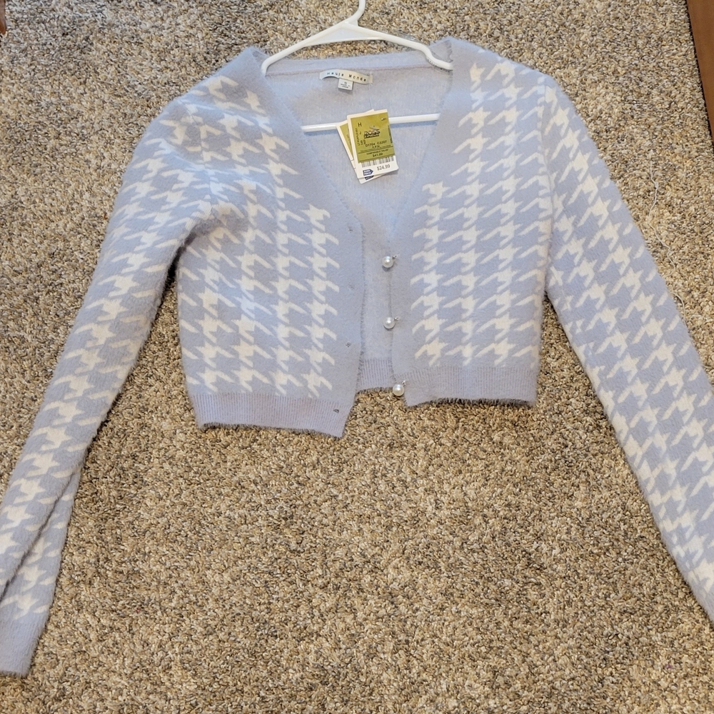 Haute Monde Light Blue and White Houndstooth Cardigan